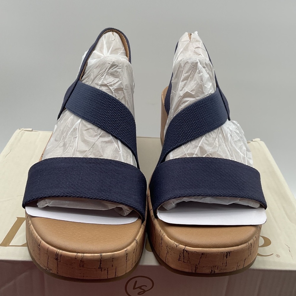 LifeStride Odette Navy Blue Cork Wedge Platform Sandals Womens 8W Elastic Strap